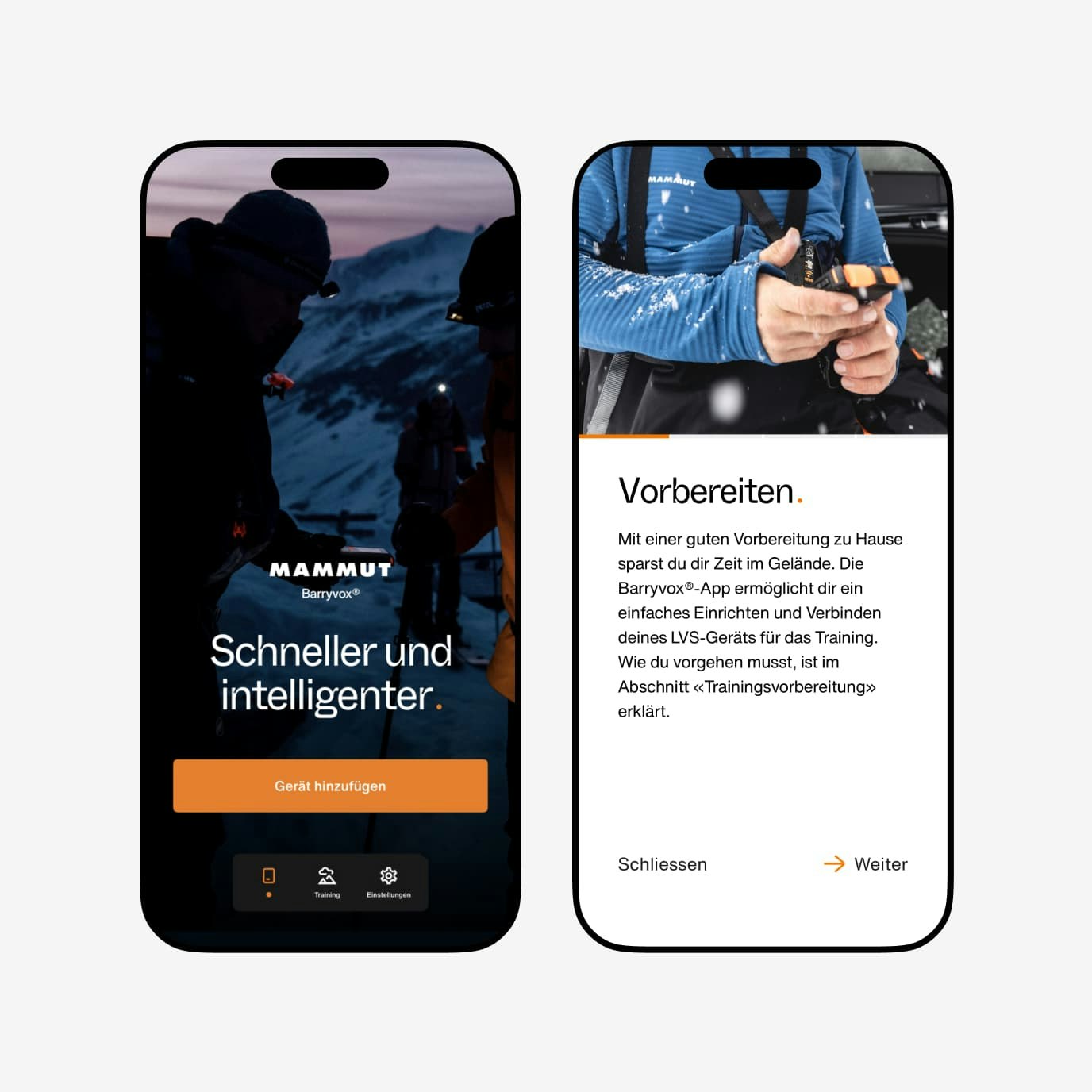 Two mobile devices showing various Barryvox App screens.