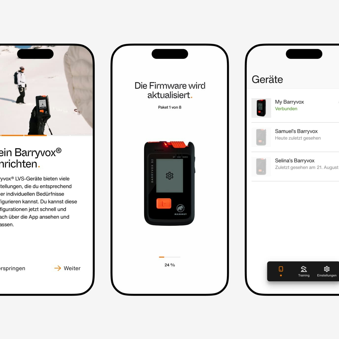 Drei Smartphones zeigen diverse Barryvox App Screens.