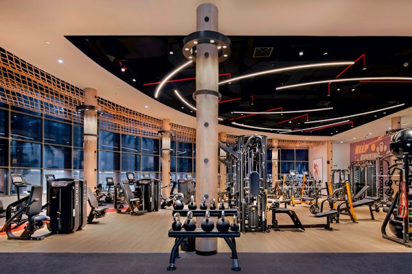 Contemporary gym interior featuring a variety of exercise machines, weight racks, and unique ceiling lighting, creating a vibrant workout environment.