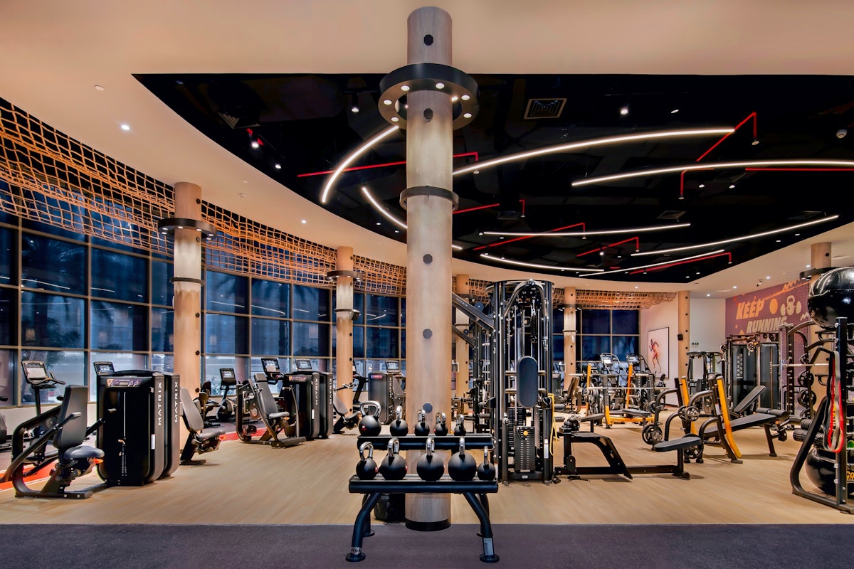 Contemporary gym interior featuring a variety of exercise machines, weight racks, and unique ceiling lighting, creating a vibrant workout environment.