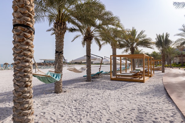 Hammocks and shaded seating areas under palm trees on a sandy beach.