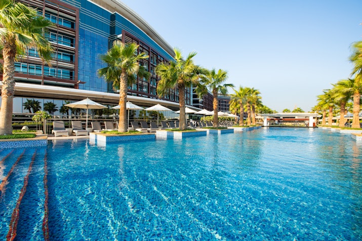 Pool with clear blue water surrounded by palm trees and sunbeds.