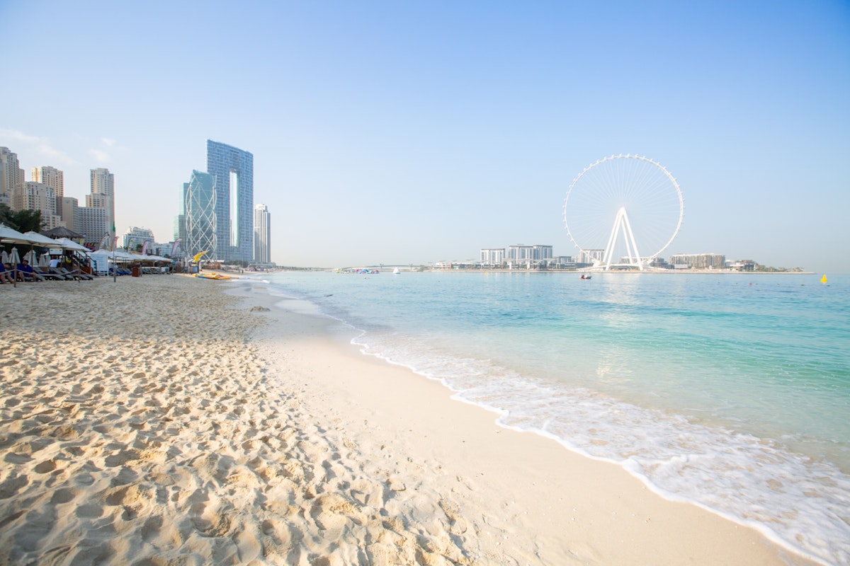 Beach view with city skyline and Ferris wheel in the distance.