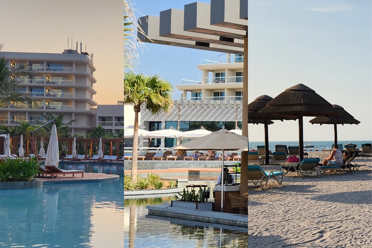 A three-part image showcasing a resort area with a swimming pool, palm trees, and lounge chairs on the beach, highlighting the luxurious outdoor setting.