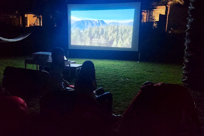 People watching a film on a projector screen set up in a backyard at night