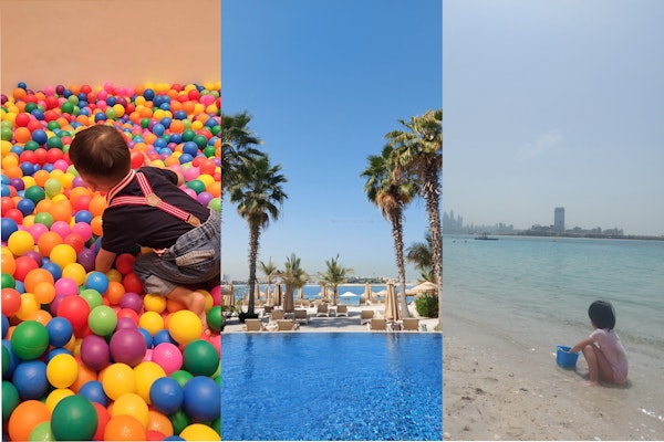 Waldorf Astoria Collage featuring a child playing in a colorful ball pit, a sunny poolside view with palm trees, and a child playing at the beach.
