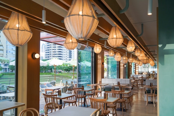 A restaurant featuring large floor to ceiling windows, natural light and wooden seating with unique lighting overhead overlooking lush greenery
