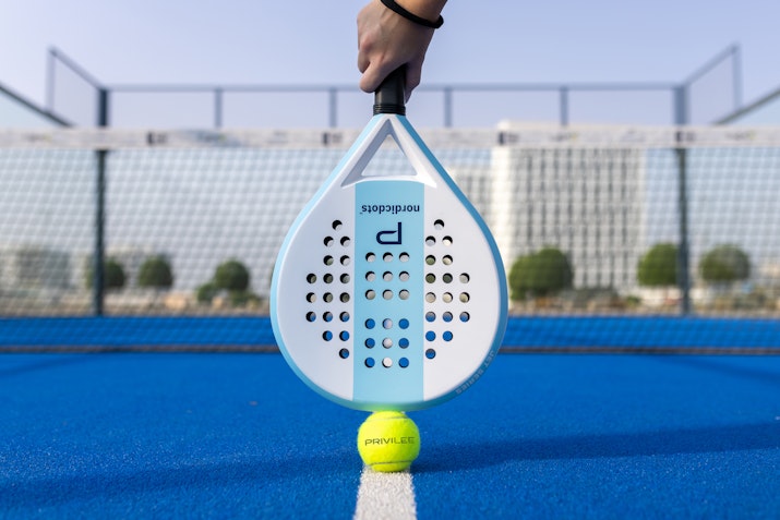 Padel racket and ball on a blue court.