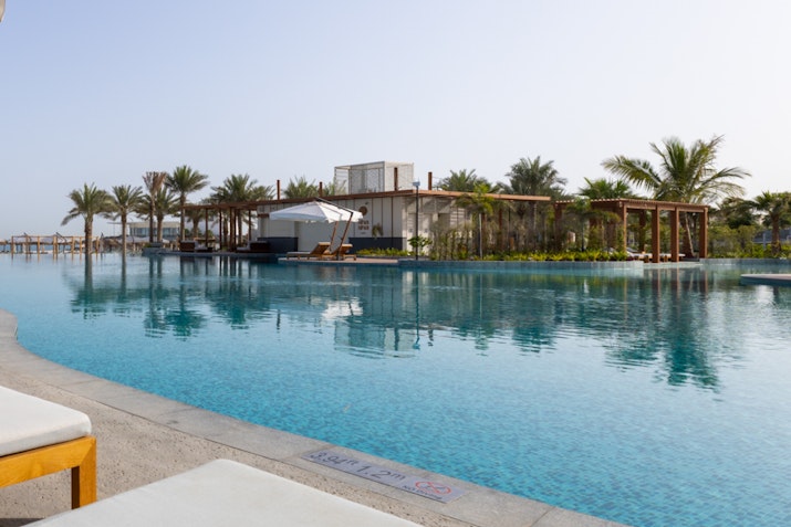 A serene infinity pool lined with palm trees and loungers, leading to a modern building in the background.