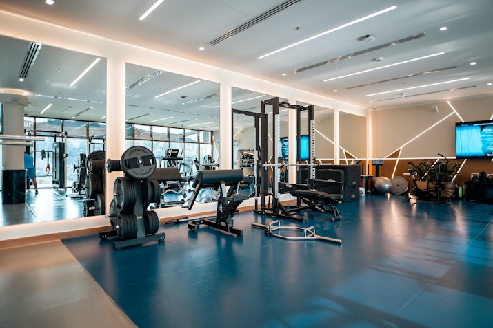 Gym featuring strength training machines, mirrored walls, and sleek lighting, providing a clean and organized workout space.