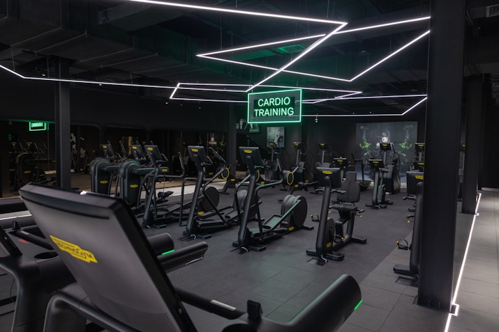 Cardio zone featuring treadmills, ellipticals, and stationary bikes for high-energy workouts.
