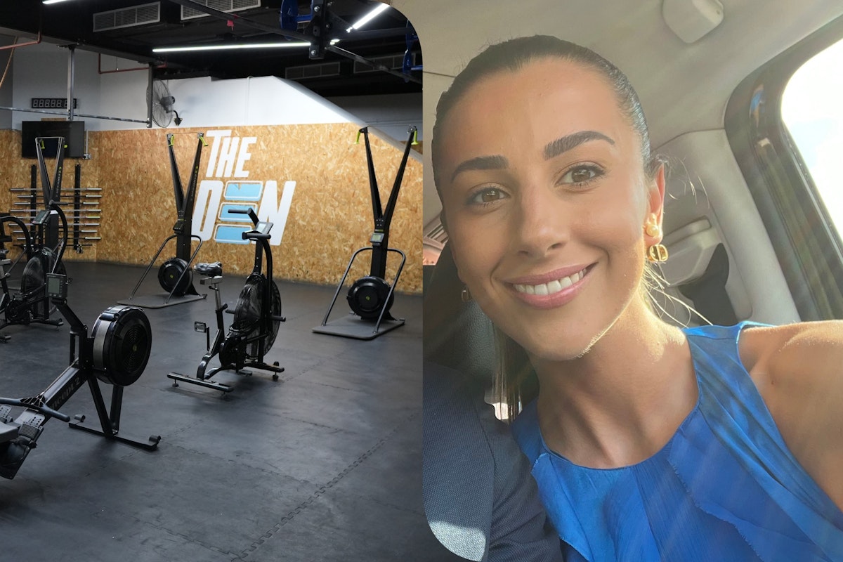 Split image of a gym with fitness equipment and a woman smiling in a car