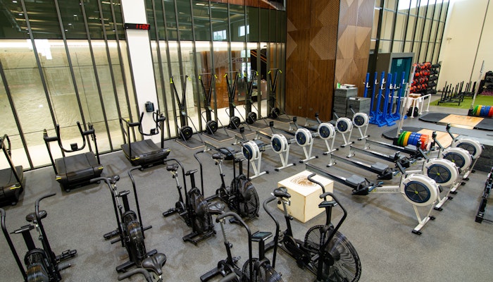 Fly High Fitness Well-equipped gym featuring multiple rowing machines, air bikes, and other cardio equipment, set against a modern interior with large glass walls.