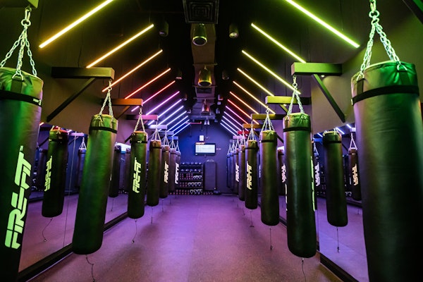 High-energy gym space with advanced equipment and vibrant lighting for dynamic workouts.