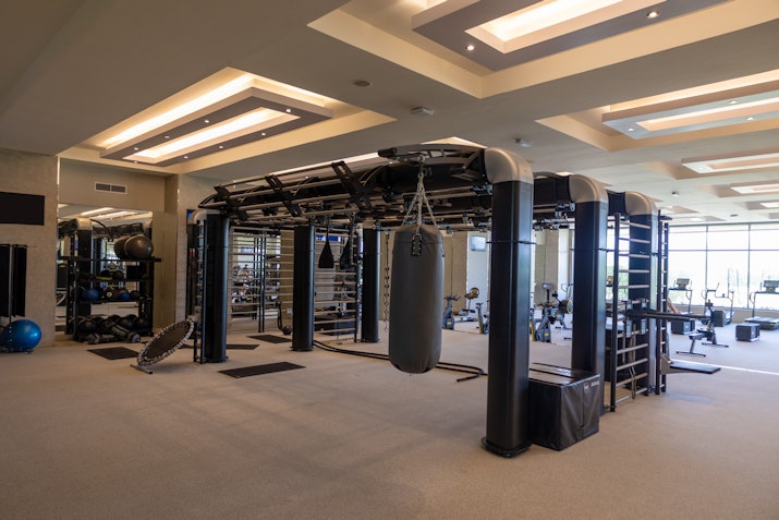 Spacious gym interior featuring a functional fitness rig, punching bag, and various workout equipment, illuminated by sleek ceiling lights.