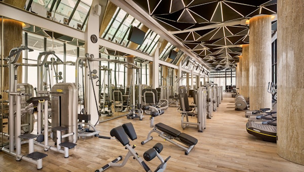 Spacious gym interior featuring modern fitness machines, mirrored walls, and a geometric ceiling design, providing a luxurious workout atmosphere.
