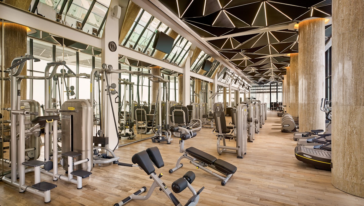 Spacious gym interior featuring modern fitness machines, mirrored walls, and a geometric ceiling design, providing a luxurious workout atmosphere.