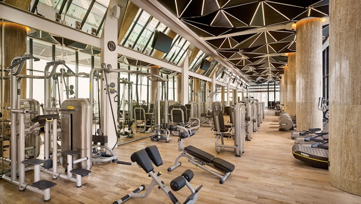 Spacious gym interior featuring modern fitness machines, mirrored walls, and a geometric ceiling design, providing a luxurious workout atmosphere.