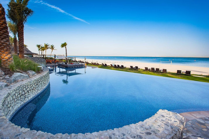 An infinity pool overlooking the beach with lounge chairs along the shore and palm trees.