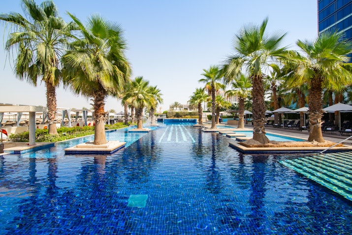 Palm trees lining a luxurious outdoor swimming pool