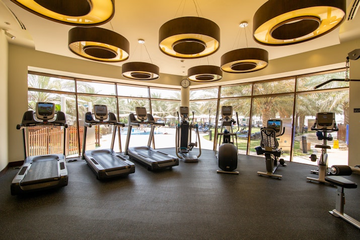A well-lit gym featuring various cardio machines, including treadmills and exercise bikes, with large windows overlooking palm trees outside.