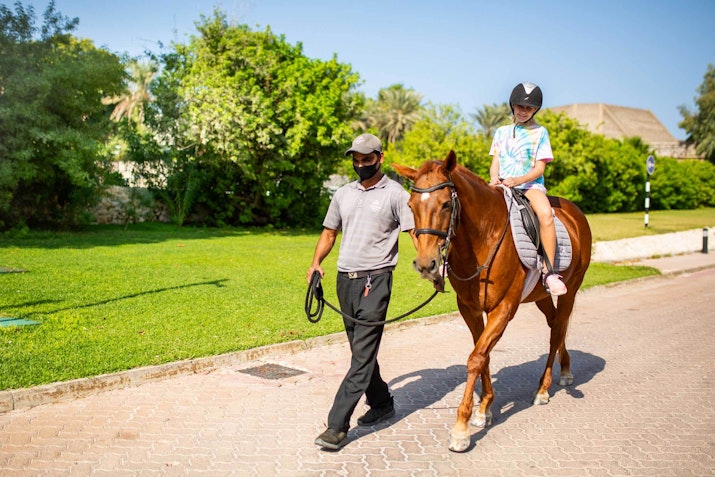 Child riding a horse led by an instructor on a sunny day
