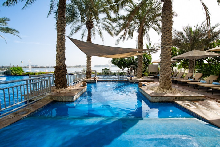 Swimming pool with palm trees and shaded lounge area by the water
