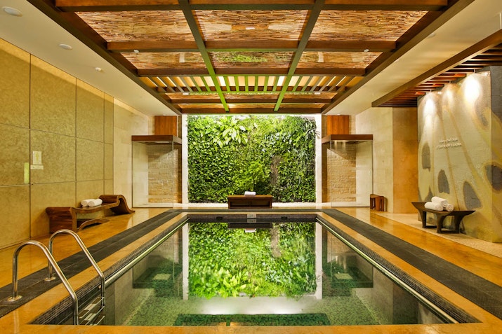 A serene indoor pool area with a lush green wall, wooden accents, and a tranquil atmosphere