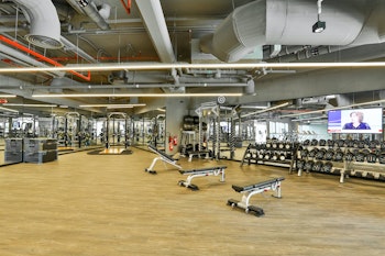 State-of-the-art fitness facilities at the Native Club Gym, featuring mirrors, wooden floors, an industrial-style ceiling, and free weights