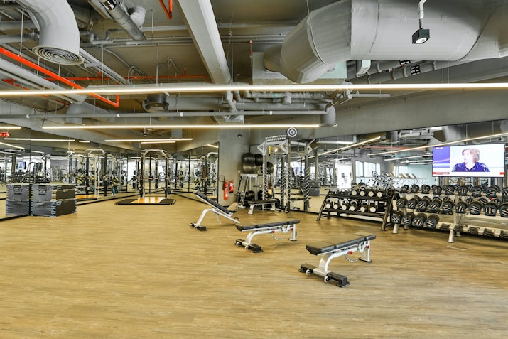 State-of-the-art fitness facilities at the Native Club Gym, featuring mirrors, wooden floors, an industrial-style ceiling, and free weights