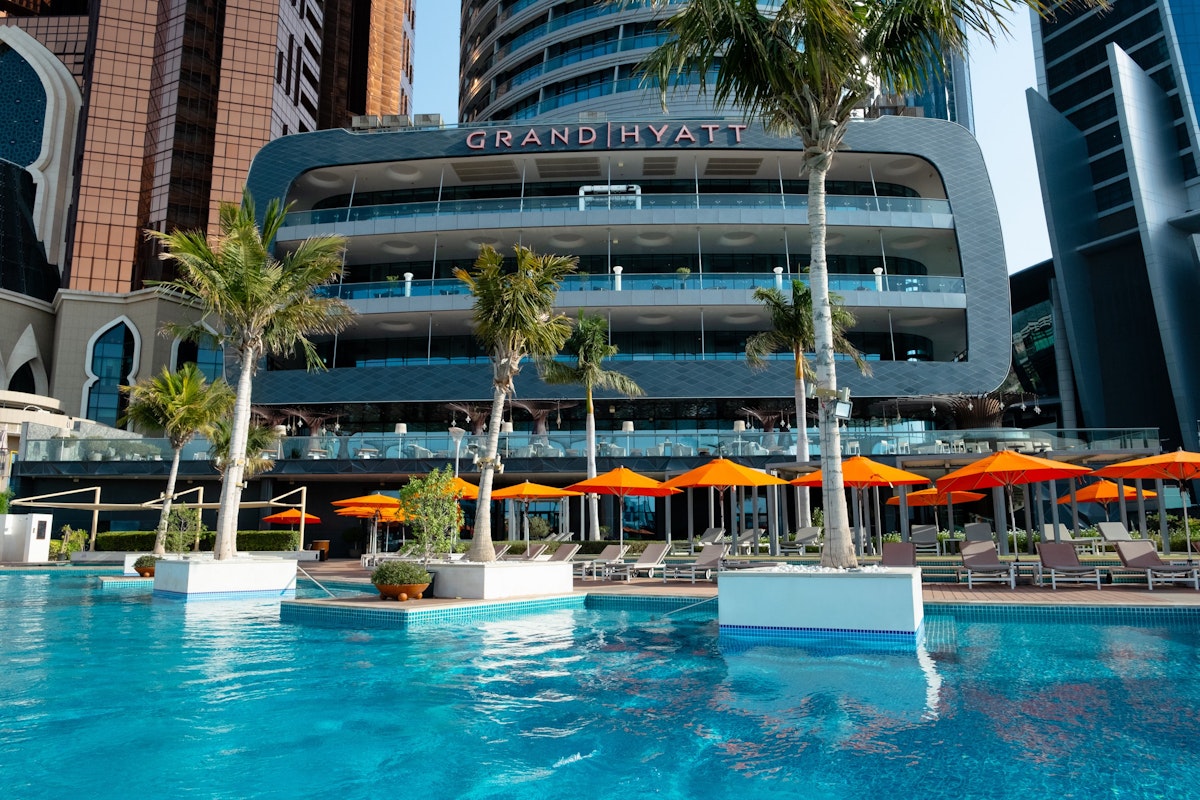 Exterior view of the Grand Hyatt Abu Dhabi with stunning architecture and waterfront surroundings.
