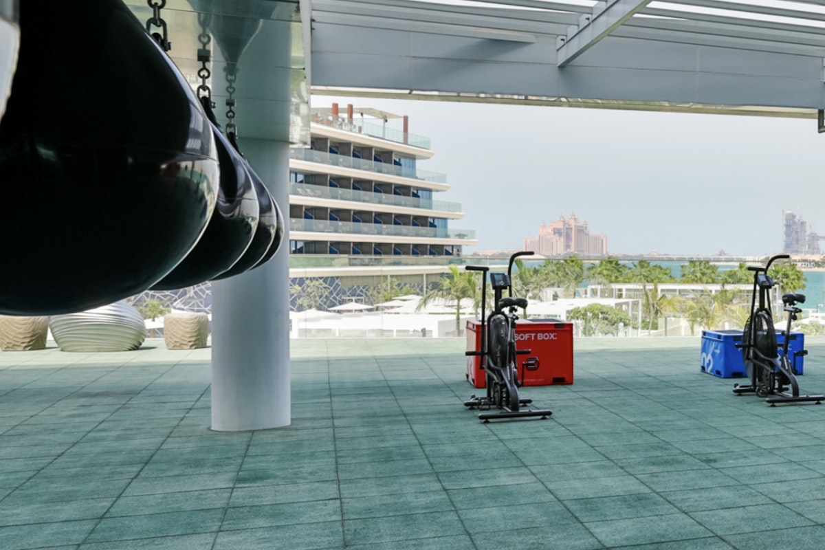 W The Palm Outdoor Gym A fitness area with workout equipment outdoors, with a view of a building and palm trees in the background.