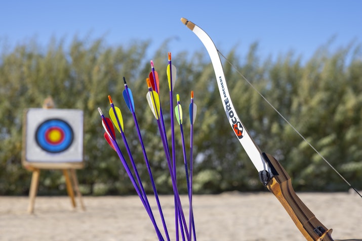 A bow and colorful arrows in front of an archery target on a sandy area, surrounded by greenery.