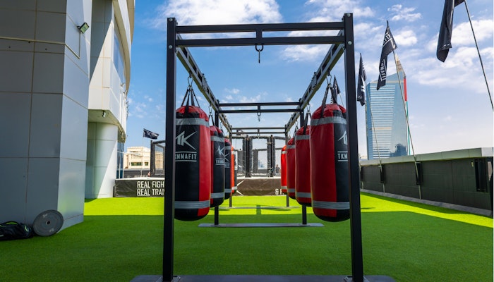 TKMMAFIT Outdoor punching bags with green turf and city skyline