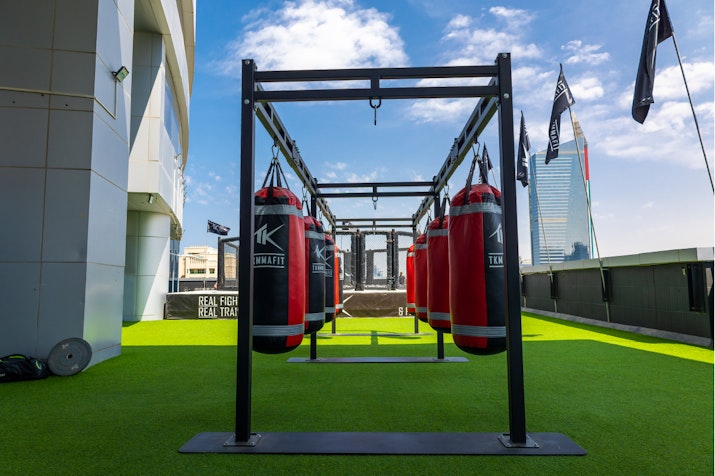 Outdoor punching bags with green turf and city skyline