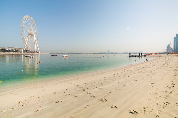 Beachfront view with a large Ferris wheel in the background.