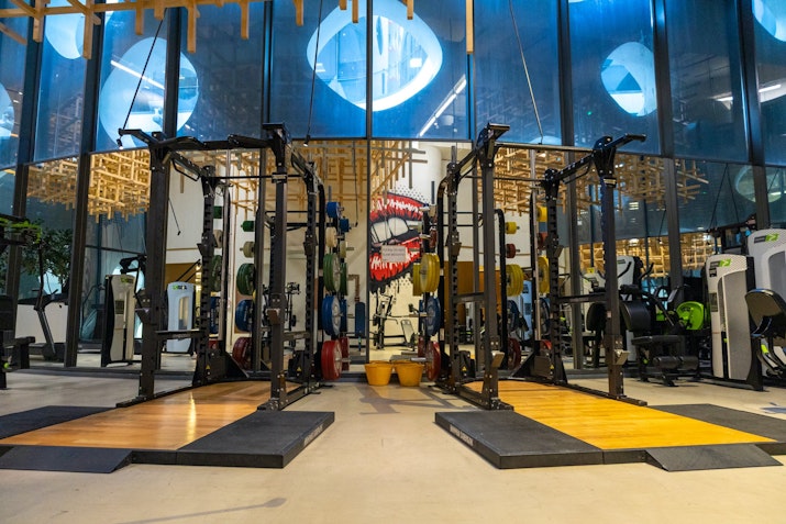 Modern gym space featuring state-of-the-art equipment and vibrant wall art, with high ceilings and unique lighting.