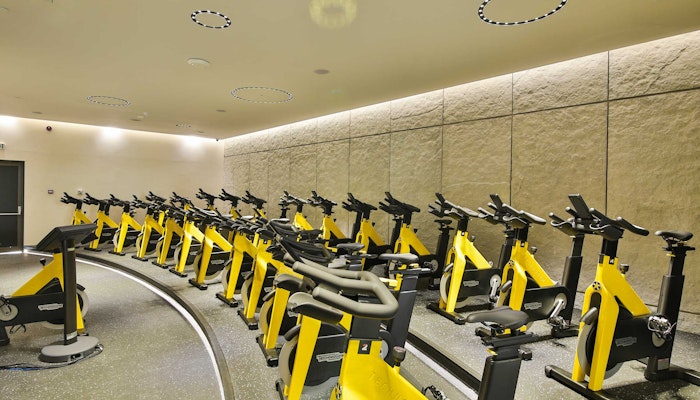Fly High Fitness Empty indoor cycling room with rows of yellow stationary bikes