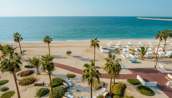 Nikki Beach Resort & Spa Scenic beach with palm trees, white lounge chairs, and ocean view.