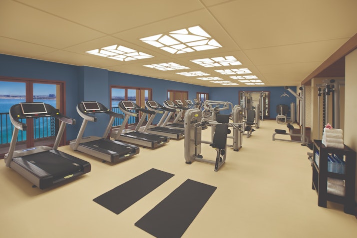 A well-equipped gym with multiple treadmills and weight machines, featuring large windows for natural light.