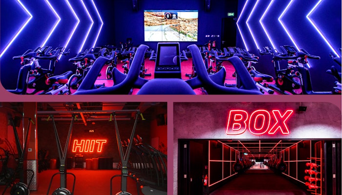 Access 23 Fitness First locations across the UAE with Privilee Modern fitness studios for HIIT, boxing, and cycling, illuminated with vibrant neon lighting