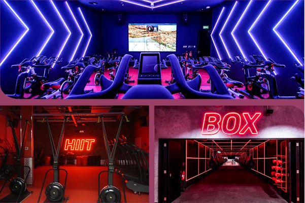 Modern fitness studios for HIIT, boxing, and cycling, illuminated with vibrant neon lighting