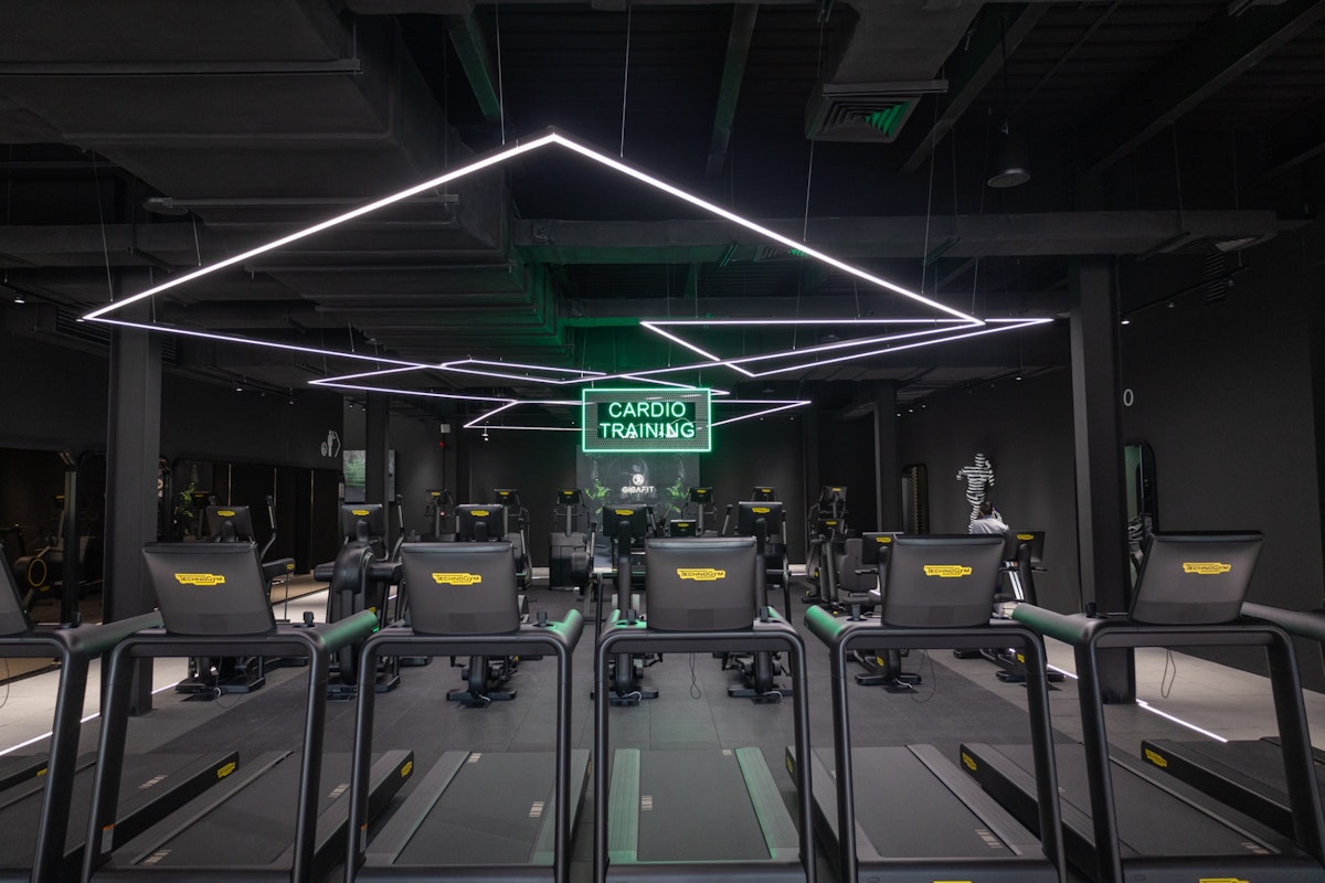 Modern gym setup at GIGAFIT with advanced fitness equipment and spacious workout areas.