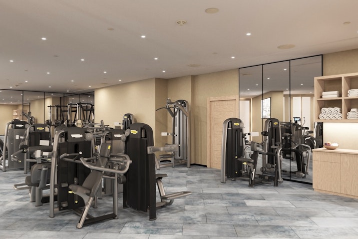 Gym featuring various exercise machines, free weights, and mirrors.