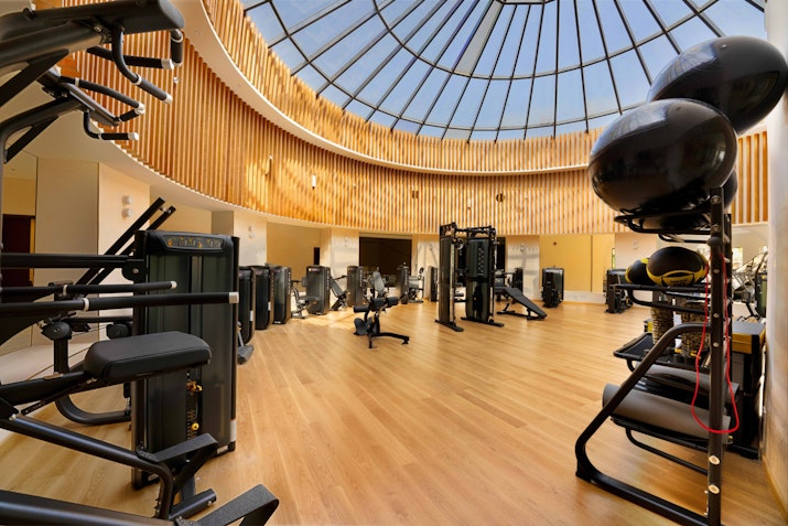 An interior view of a modern gym featuring exercise equipment, large windows with a skylight, and wooden accents on the walls, creating a bright and airy atmosphere.