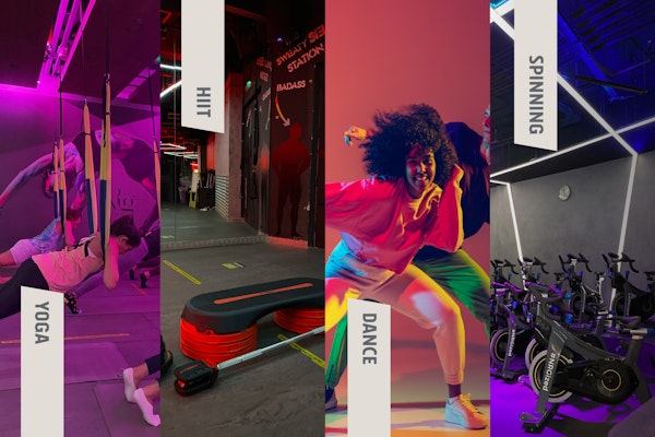 NRG Fitness with Privilee Collage showcasing various fitness activities: yoga with aerial hammocks, HIIT workout setup, vibrant dance scene, and spinning bikes in a studio with colorful lighting.