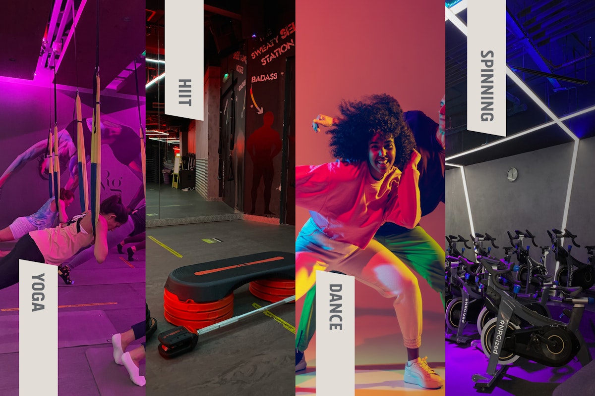 NRG Fitness with Privilee Collage showcasing various fitness activities: yoga with aerial hammocks, HIIT workout setup, vibrant dance scene, and spinning bikes in a studio with colorful lighting.