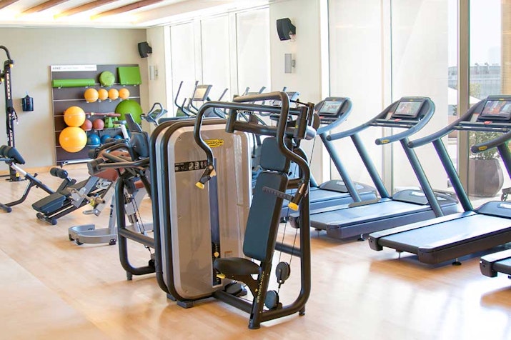 Raffles Dubai Well-equipped gym with various exercise machines and cardio equipment.