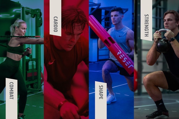 Collage of fitness activities showcasing combat, cardio, shape, and strength training exercises.