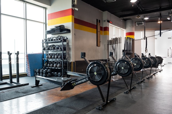 Gym area featuring multiple rowing machines aligned in a row, next to a weight rack with kettlebells, barbells, and other gym equipment, set against a backdrop with large windows and a colorful wall stripe design.
